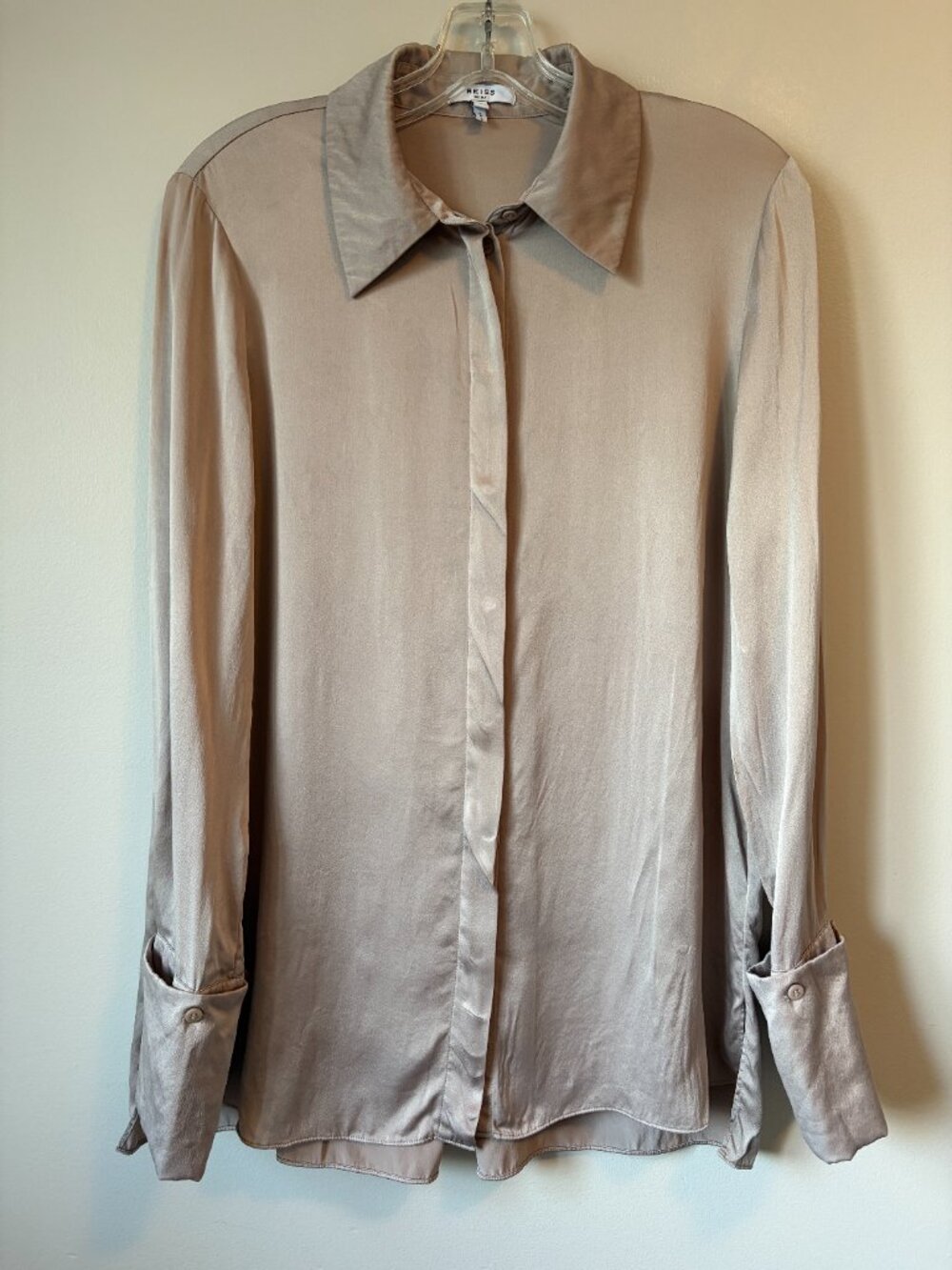 Reiss Haley 100% Silk Button Down Blouse Shirt Taupe Champagne 6 Small S